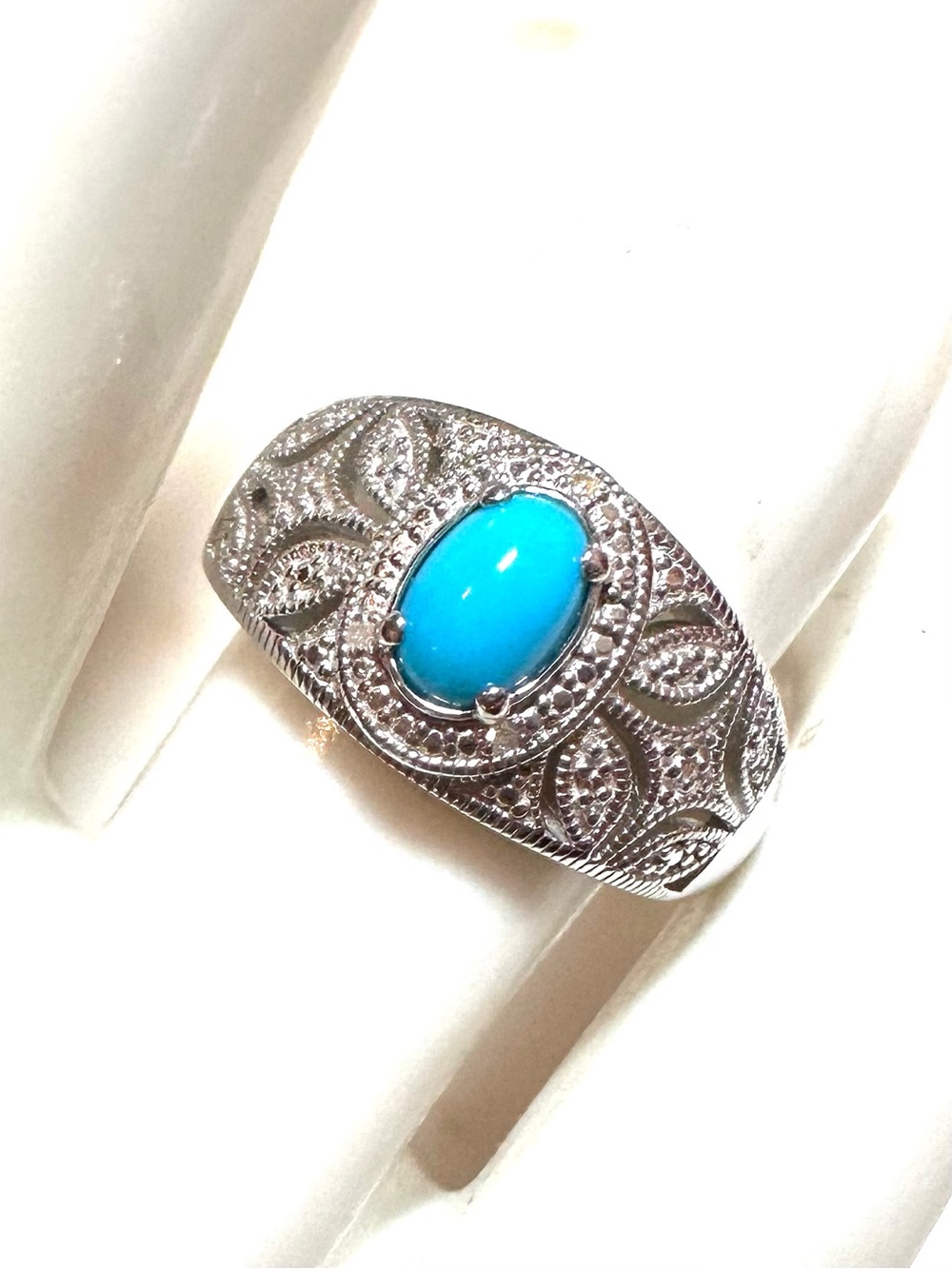 Blue Sleeping Beauty Turquoise Rhodium Over Sterling Silver Halo Ring 0.03ctw